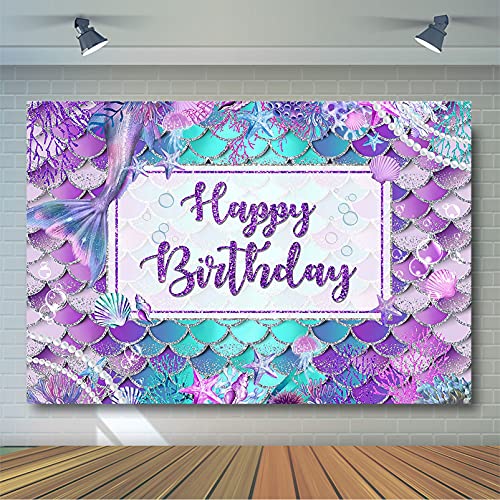 Avezano Mermaid Birthday Backdrop for Girl Under The Sea Bday Party Photography Background Glitter Purple Green Aqua Pink Mermaid Tail Birthday Party Decoration Photoshoot (7x5ft, Silver Glitter)