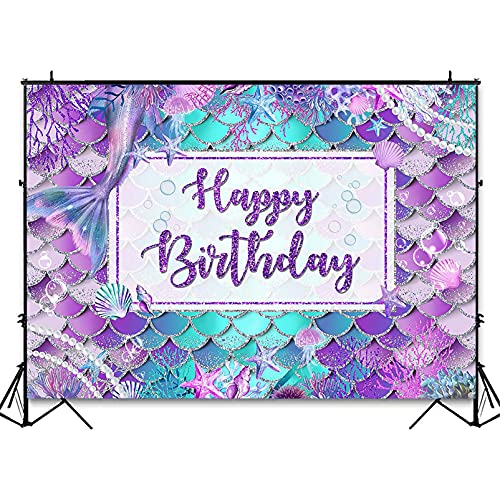 Avezano Mermaid Birthday Backdrop for Girl Under The Sea Bday Party Photography Background Glitter Purple Green Aqua Pink Mermaid Tail Birthday Party Decoration Photoshoot (7x5ft, Silver Glitter)