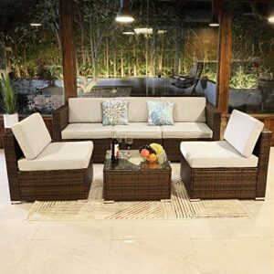 yitahome 6 piece outdoor patio furniture sets, garden conversation wicker sofa set, and patio sectional furniture sofa set with coffee table and cushion for lawn, backyard, and poolside, brown