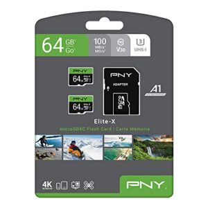PNY 64GB Elite-X Class 10 U3 V30 microSDXC Flash Memory Card 2-Pack - 100MB/s, Class 10, U3, V30, A1, 4K UHD, Full HD, UHS-I, micro SD