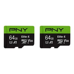 pny 64gb elite-x class 10 u3 v30 microsdxc flash memory card 2-pack – 100mb/s, class 10, u3, v30, a1, 4k uhd, full hd, uhs-i, micro sd