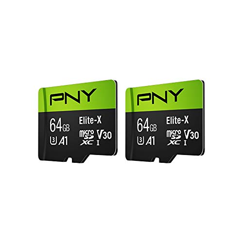 PNY 64GB Elite-X Class 10 U3 V30 microSDXC Flash Memory Card 2-Pack - 100MB/s, Class 10, U3, V30, A1, 4K UHD, Full HD, UHS-I, micro SD