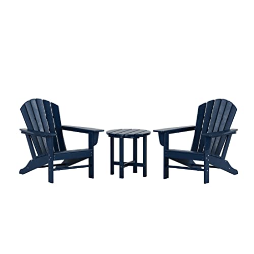 WO Outdoor Adirondack Chair w Side Table 3-PCS Set Loungers Seats Traditional Retro Outdoor Furniture Aesthetic for Beach, Balcony, Home, Backyard, Lawn, Patio, Pool, Deck, Garden (Navy Blue)