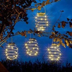 newzeroin 4 pack solar spiral lights, solar garden lights outdoor decorative hanging lights garden, patio, porch, path, yard,string l (without leaves), warm white