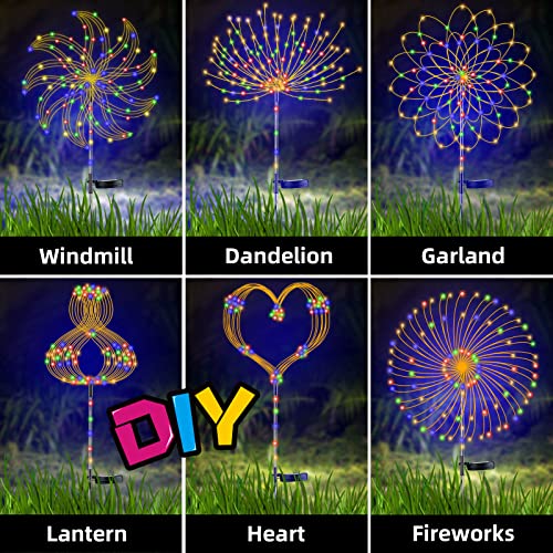 2 PCS Solar Firework Light with Rainbow Tube, 120 LEDs Outdoor Solar Garden Decorative Lights IP65 Waterproof String DIY Landscape Light for Walkway Pathway Backyard Christmas Decoration(Multi-Color)