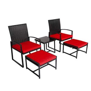 J-SUN-7 5-Piece Patio Furniture Set, Outdoor Wicker Rattan Conversation Set with Ottoman & Glass Coffee Table,for Garden,Patio,Balcony,Beach,Red