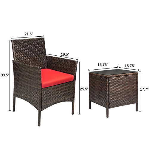 Devoko Patio Porch Furniture Sets 3 Pieces PE Rattan Wicker Chairs with Table Outdoor Garden Furniture Sets (Brown/Red)