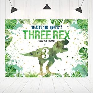 hilioens 5×3ft three-rex birthday backdrop for boys dinosaur 3rd birthday green leaf background 3 years old dinosaur theme party banner decorations