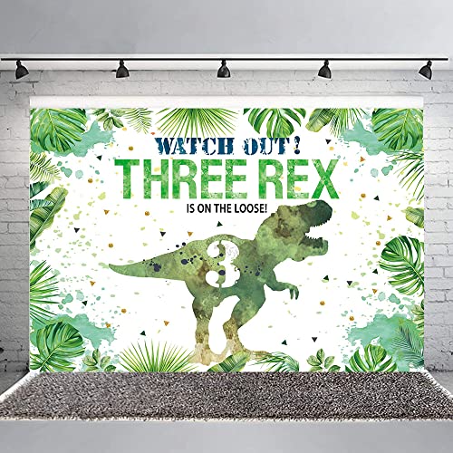 Hilioens 5×3ft Three-rex Birthday Backdrop for Boys Dinosaur 3rd Birthday Green Leaf Background 3 Years Old Dinosaur Theme Party Banner Decorations