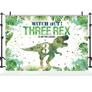 Hilioens 5×3ft Three-rex Birthday Backdrop for Boys Dinosaur 3rd Birthday Green Leaf Background 3 Years Old Dinosaur Theme Party Banner Decorations