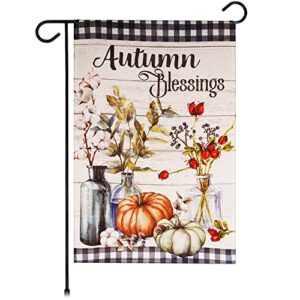 g128 garden flag fall decoration autumn blessings pumpkins and flower vases 12″x18″