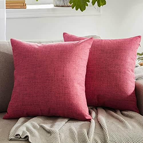 WAYIMPRESS Outdoor Pillow Covers for Patio Furniture Waterproof Pillow Covers Square Garden Cushion Farmhouse Linen Throw Pillow Covers Shell for Patio Tent Couch (18×18 Inch, Rose Red)