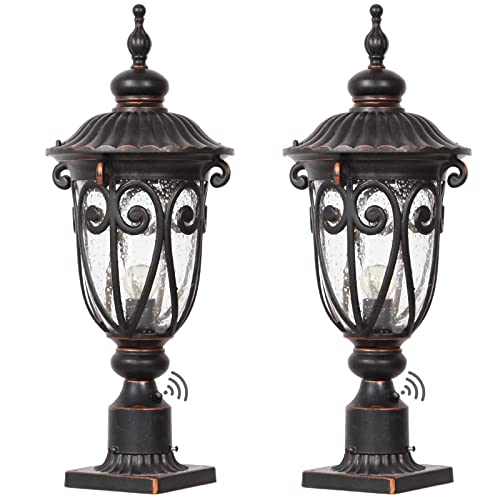 GOALPLUS Dusk to Dawn Outdoor Post Light Fixture 24" High Bronze Post Lantern with Pier Mount, Exterior Pole Lighting with Seeded Glass for Yard, Garden, Patio and Pathway, 2 Pack, LMMS0519-M-2P