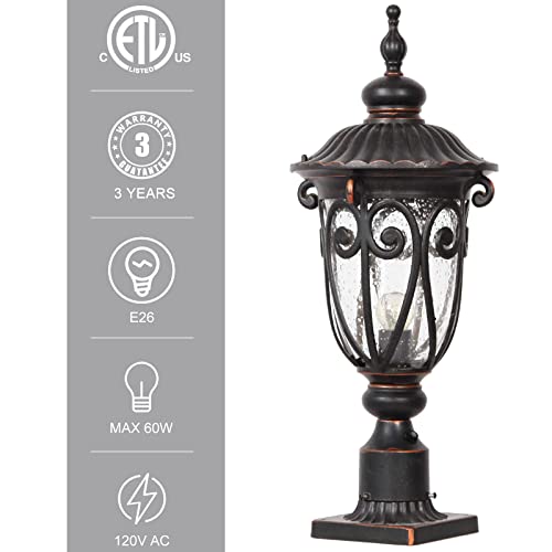 GOALPLUS Dusk to Dawn Outdoor Post Light Fixture 24" High Bronze Post Lantern with Pier Mount, Exterior Pole Lighting with Seeded Glass for Yard, Garden, Patio and Pathway, 2 Pack, LMMS0519-M-2P