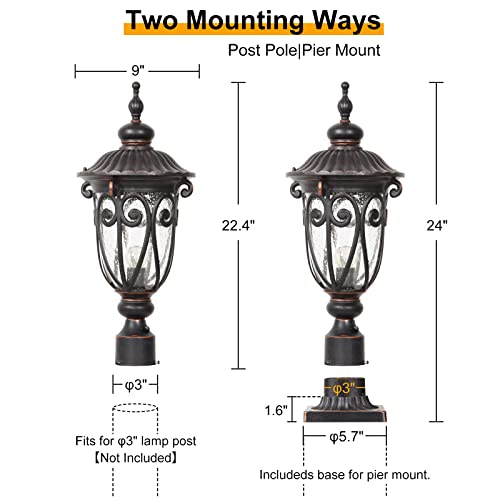 GOALPLUS Dusk to Dawn Outdoor Post Light Fixture 24" High Bronze Post Lantern with Pier Mount, Exterior Pole Lighting with Seeded Glass for Yard, Garden, Patio and Pathway, 2 Pack, LMMS0519-M-2P