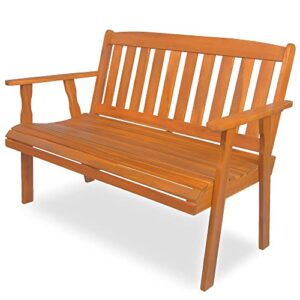 mcombo patio wood garden bench 2-seat,outdoor acacia loveseat furniture, all-weather bench with backrest and armrest for deck porch balcony backyard, 260 lbs capacity 6083-bc01-wd