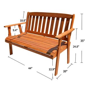 MCombo Patio Wood Garden Bench 2-Seat,Outdoor Acacia Loveseat Furniture, All-Weather Bench with Backrest and Armrest for Deck Porch Balcony Backyard, 260 lbs Capacity 6083-BC01-WD