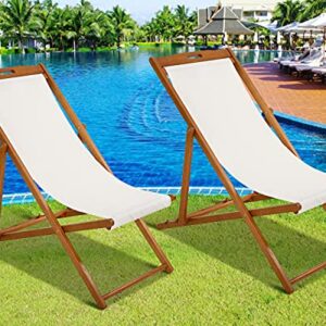Beach Sling Chairs Set of 2 Outdoor Folding Portable Beach Chairs with Solid Wooden Frame and Polyester Canvas Reclining Adjustable Patio Lounge Chair for Yard Pool Balcony Garden