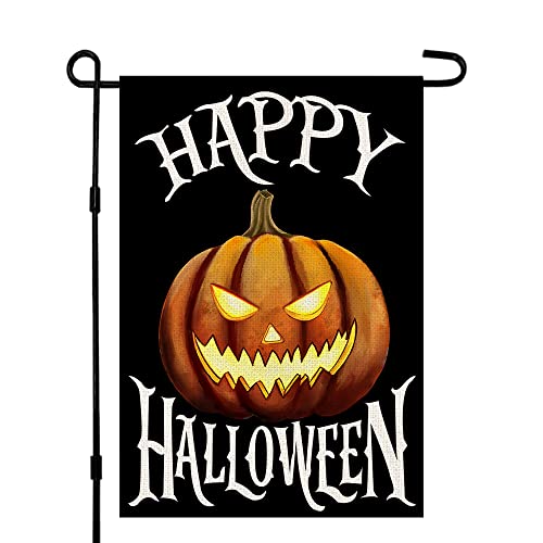 Happy Halloween Garden Flag 12 x 18 Inch Burlap Vertical Double Sided, Scary Pumpkin Holiday Yard Outdoor Decoration DF092