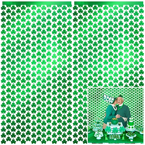 Tifeson St.Patrick Day Shamrock Tinsel Foil Fringe Curtains - 2Pcs Saint Patrick's Day Irish Party Backdrop Decorations Photo Booth Backdrops Green (3.2 x 8.3 ft)