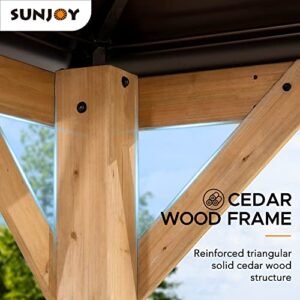 Sunjoy Hardtop Gazebo 11' X 13' Cedar Framed Wood Gazebo with Brown Double Steel Hardtop Roof Permanent Canopy for Garden, Backyard Shade