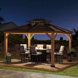 Sunjoy Hardtop Gazebo 11' X 13' Cedar Framed Wood Gazebo with Brown Double Steel Hardtop Roof Permanent Canopy for Garden, Backyard Shade