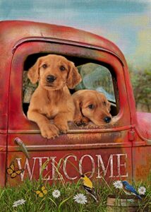 covido home decorative welcome spring dog golden retriever garden flag, summer red truck yard puppy outside decoration, outdoor small burlap decor double sided 12×18