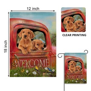 Covido Home Decorative Welcome Spring Dog Golden Retriever Garden Flag, Summer Red Truck Yard Puppy Outside Decoration, Outdoor Small Burlap Decor Double Sided 12x18