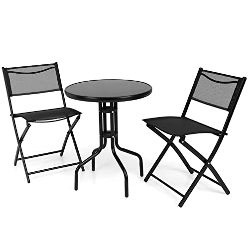 S AFSTAR 3-Piece Bistro Set for Outdoor Yard Garden Park, Round Table with 2 Folding Chairs Patio Furniture Set (Classic Black)