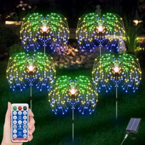 5 pack solar firework lights, 600 led outdoor garden decorative waterproof lights with remote, 8 lighting mode solar powered fireworks lamp for yard deck lawn patio pathway walkway(colorful)