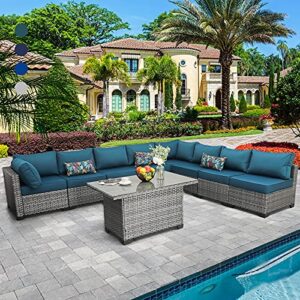 rattaner patio furniture sectional sofa set 9 pieces outdoor wicker furniture couch storage glass table with thicken(5″) anti-slip peacock blue cushions furniture cover