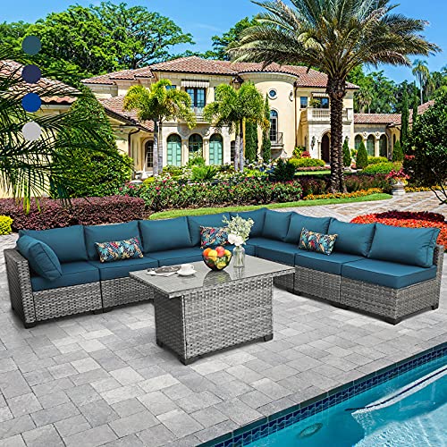 Rattaner Patio Furniture Sectional Sofa Set 9 Pieces Outdoor Wicker Furniture Couch Storage Glass Table with Thicken(5") Anti-Slip Peacock Blue Cushions Furniture Cover