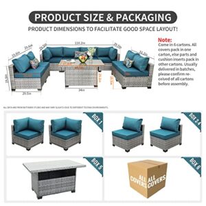 Rattaner Patio Furniture Sectional Sofa Set 9 Pieces Outdoor Wicker Furniture Couch Storage Glass Table with Thicken(5") Anti-Slip Peacock Blue Cushions Furniture Cover