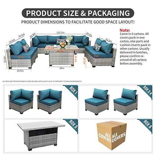 Rattaner Patio Furniture Sectional Sofa Set 9 Pieces Outdoor Wicker Furniture Couch Storage Glass Table with Thicken(5") Anti-Slip Peacock Blue Cushions Furniture Cover