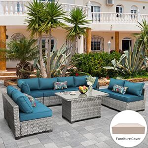 Rattaner Patio Furniture Sectional Sofa Set 9 Pieces Outdoor Wicker Furniture Couch Storage Glass Table with Thicken(5") Anti-Slip Peacock Blue Cushions Furniture Cover