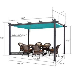 PURPLE LEAF 10' X 13' Outdoor Retractable Pergola with Sun Shade Canopy Patio Metal Shelter for Garden Porch Beach Pavilion Grill Gazebo Modern Yard Grape Trellis Pergola, Turquoise Blue