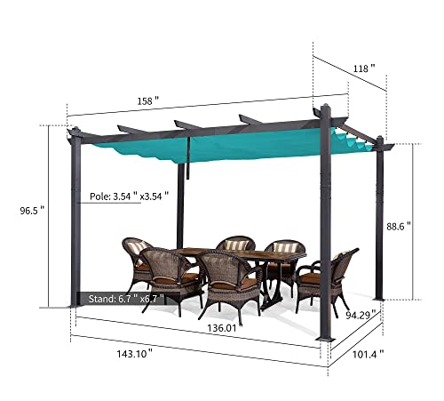 PURPLE LEAF 10' X 13' Outdoor Retractable Pergola with Sun Shade Canopy Patio Metal Shelter for Garden Porch Beach Pavilion Grill Gazebo Modern Yard Grape Trellis Pergola, Turquoise Blue