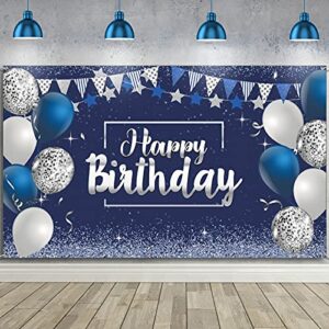 happy birthday decorations backdrop, glitter birthday backdrop sign, happy birthday banner, birthday party supplies photo background for children men women, 72.8 x 43.3 inch (silver and navy blue)