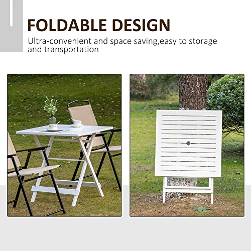 Outsunny Foldable Dining Table, Square Wood Side Table, Portable Bistro Table with Umbrella Hole for Outdoor Patio, Garden or Backyard, White