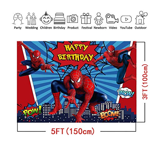 1Superhero City Theme Photography Backdrops Red Blue Stripe Spiderman Children Boys Happy Birthday Party Photo Background 5x3ft Newborn Baby Shower Banner Supplies Cake Dessert Table Decor Props Vinyl