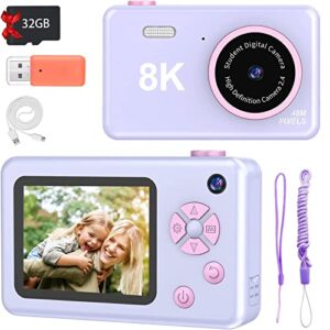 digital camera for kids girls boys- 48mp kids camera with 32gb sd card, full hd 1080p front and rear cameras rechargeable mini camera for students, teens, kids – purple