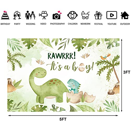 Hilioens 5×3ft Dinosaur Baby Shower Backdrop It's A Boy Newborn Green Leaf Dinosaur Egg Party Decorations Banner Cartoon Dinosaur Supplies Background Cake Table Supplies