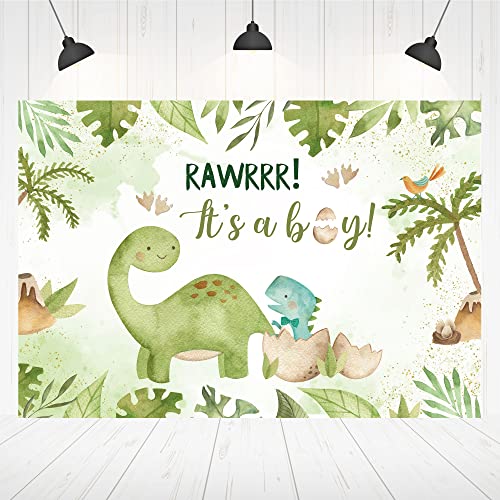 Hilioens 5×3ft Dinosaur Baby Shower Backdrop It's A Boy Newborn Green Leaf Dinosaur Egg Party Decorations Banner Cartoon Dinosaur Supplies Background Cake Table Supplies