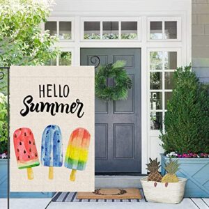 Roberly Hello Summer Garden Flag Double Sided Popsicles Ice Cream Red Blue Rainbow Vertical Banner for Outdoor Yard Summer Decorations Gifts(12.5" x 18")