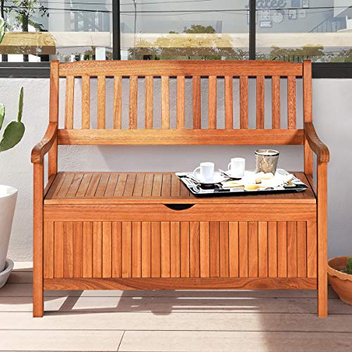 Tangkula Wooden Outdoor Storage Bench Large Deck Box, Entryway Storage Bench w/Inner Removable Dustproof Lining and Portable Handles for Patio Garden Balcony Yard (Natural)