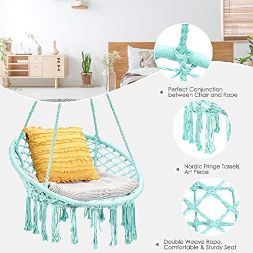 Tangkula Hanging Hammock Chair, Macrame Swing Chair with Tassels and Heavy-Duty Hanging Rings, Bohemian Style Handmade Cotton Rope Swing for Indoor Outdoor, Ideal for Bedroom, Patio, Yard, Garden