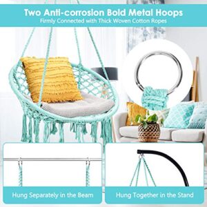 Tangkula Hanging Hammock Chair, Macrame Swing Chair with Tassels and Heavy-Duty Hanging Rings, Bohemian Style Handmade Cotton Rope Swing for Indoor Outdoor, Ideal for Bedroom, Patio, Yard, Garden