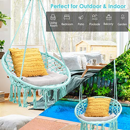 Tangkula Hanging Hammock Chair, Macrame Swing Chair with Tassels and Heavy-Duty Hanging Rings, Bohemian Style Handmade Cotton Rope Swing for Indoor Outdoor, Ideal for Bedroom, Patio, Yard, Garden