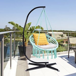 Tangkula Hanging Hammock Chair, Macrame Swing Chair with Tassels and Heavy-Duty Hanging Rings, Bohemian Style Handmade Cotton Rope Swing for Indoor Outdoor, Ideal for Bedroom, Patio, Yard, Garden