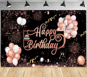 rose gold happy birthday theme fabric sign poster banner backdrop with firework,star,balloons,cakes pattern for brithday photo booth background party decorations supplies